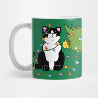 Christmas Tree Knocked Over By Tuxedo Cat Meowy Christmas Mug